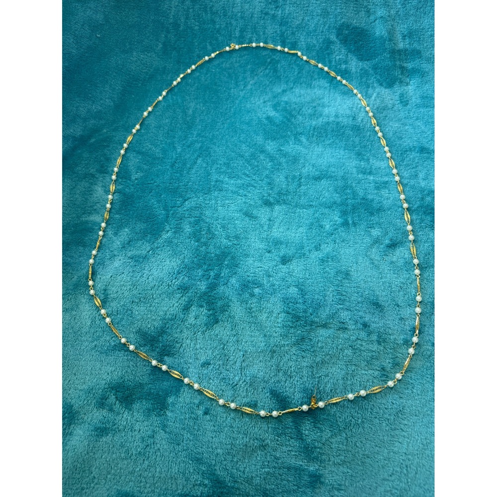 Trifari Vintage Gold Tone Faux Pearl Filigree Station Opera Length Necklace 48"